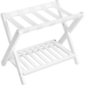 SONGMICS Solid Wood Luggage Rack, No Assembly Required, Foldable Suitcase Stand, Luggage Holder, with Storage Shelf, for Guest Room, Hotel, Bedroom, Cloud White URLR020W02