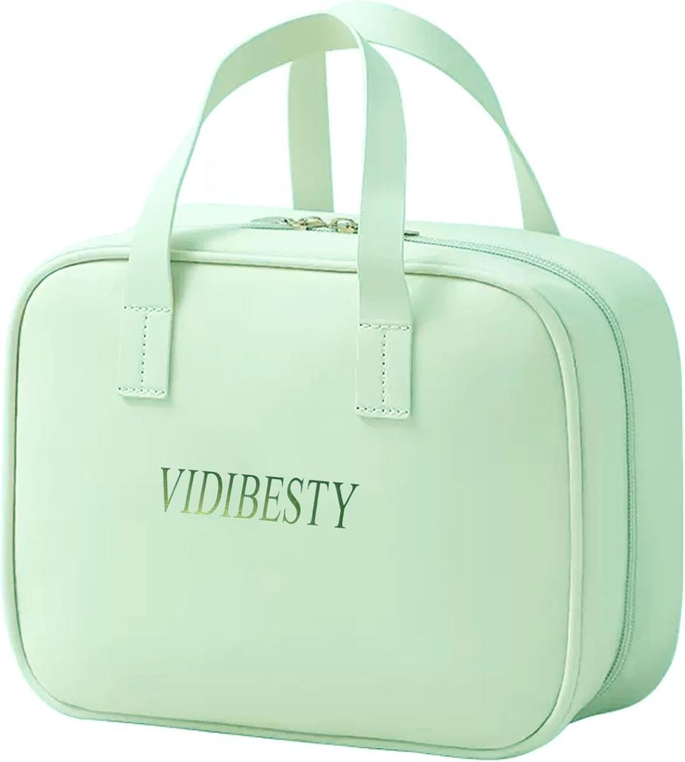 Travel Makeup Bag for Women, Large Capacity Cosmetic Bags for Girls, Compact Pouch Make up Organizer, Waterproof Toiletry Bag with Divider and Handle (Green2)