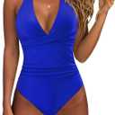 SUUKSESS Women Sexy Tummy Control One Piece Swimsuits Halter Push Up Bathing Suits (Medium, #1 Royal Blue)