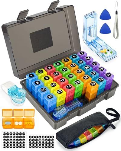 Monthly Pill Organizer 3 Times a Day – Yonlog Large Medicine Box with Weekly Travel Bag, Pill Cutter, Easy-Open Pick, Pill Taker Tool, and 2 Medication Stickers (Black, 3 Times a Day)