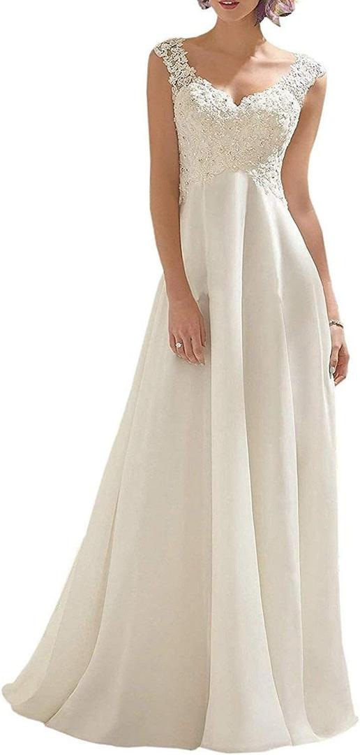 Abaowedding Women's Wedding Dress Lace Double V-Neck Sleeveless Evening Dress Ivory US 2