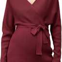 OUGES Womens Soft Cotton Blend Maternity Sweater Wrap V Neck Long Sleeve V Back Fall Shirts Pregnancy Outfits with Belt (Small, Wine Red)