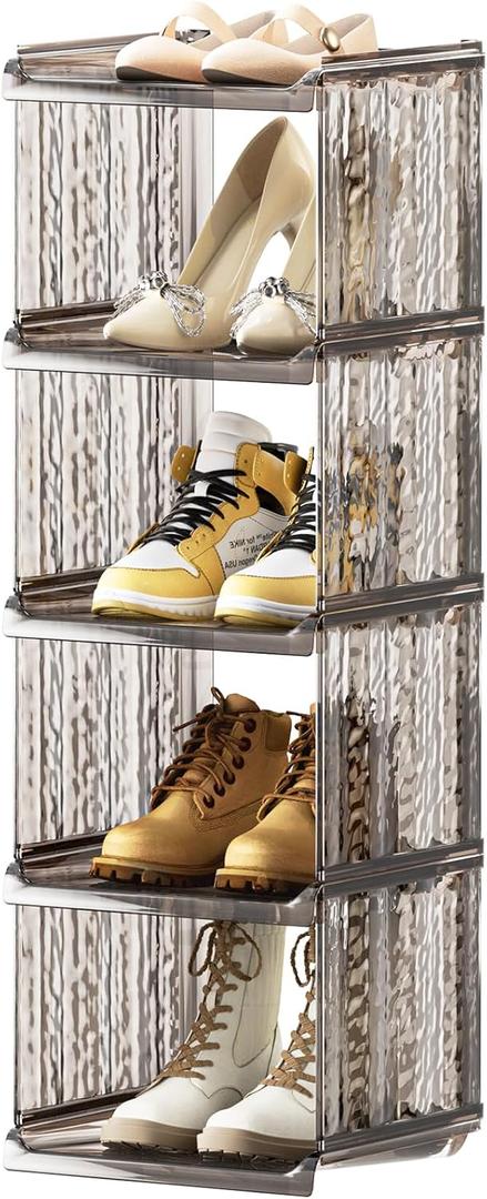 HAIXIN Vertical Shoe Rack for Closet, 5-Tier Modular Shoe Organizer for Front Door Entrance, Shoe Storage Cabinet, Narrow Stackable Shoe Stand Shelf Tower Space Saving for Entryway, Corner - Brown