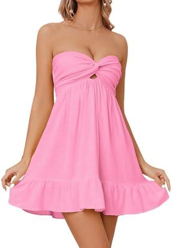 HOCANDY Womens Strapless Mini Dress Twist Knot Front Cut Out Babydoll Dress Smocked Backless Ruffle Hem Tube Dresses, Small