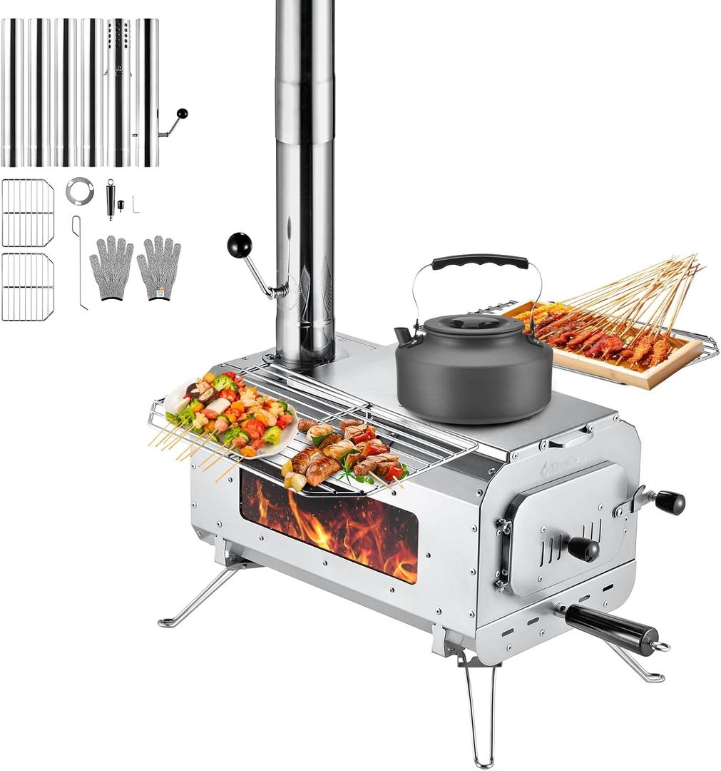 KingCamp Hot Tent Stove, Foldable Camping Stove with Large Firebox, 7.5ft Winter Camping Stove for Tent, Shelter, Cabin Heating, With Chimney Pipes, Heat Resistant Glass & Gloves for Outdoor