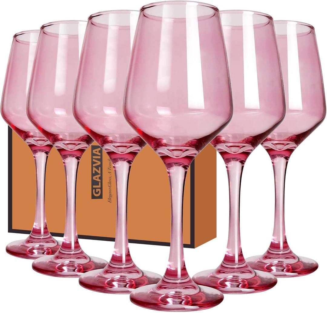 Pink Glasses Set of 6, 12oz Stemmed Glasses, Thick & Colored, Dishwasher Safe Stemware for Red or White, Gift for Party, Holiday, Anniversary, Restaurant, Home Bar, Daily Use