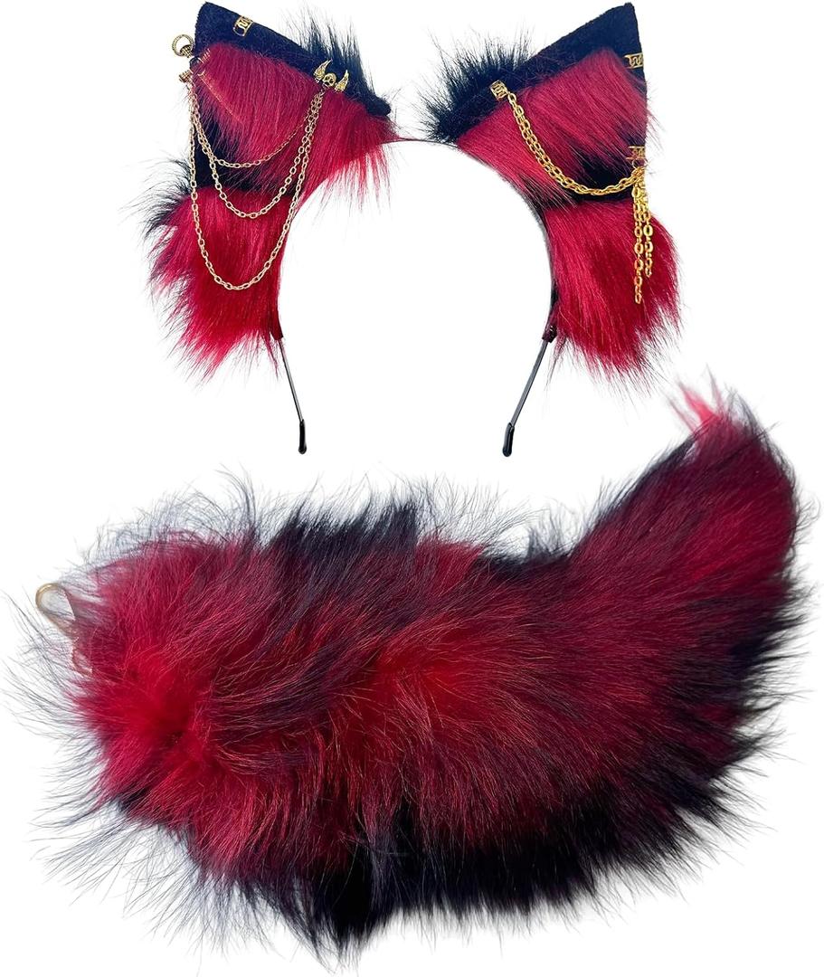 Cat Fox Wolf Ears and Tail Set - Plush Cosplay Clips Headband and Tail for Halloween, Costume Accessories,Gothic Punk 02ALL (Gd Skeleton Re Bl Re)