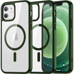 SUPFINE Funda magntica para iPhone 12, iPhone 12 Pro, compatible con MagSafe, parte trasera dura transparente con proteccin contra cadas de grado militar de 12 pies, a prueba de golpes, verde