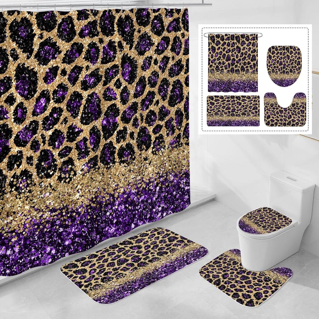 4 Pcs Purple Leopard Print Shower Curtain Set with Non-Slip Rugs, Toilet Lid Cover and Bath Mat, Wild Animal Skin Bathroom Decor Set with Shower Curtain and Rugs(Hooks Not Included)