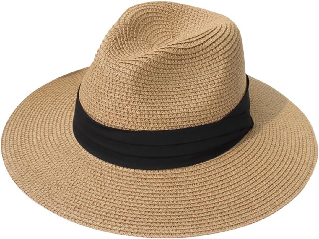 Lanzom Women Wide Brim Straw Panama Roll up Hat Fedora Beach Sun Hat UPF50+ (One Size-Small, Brown/Black)