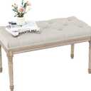 Yusong Upholstered Bench, Bedroom Bench for End of Bed, Piano Bench with Button Tufted Padded Seat for Living Room, Dining, Entryway, Shoe, Vanity Foot-Stool with Carved Wood Legs, Beige, 31.50''*15.75''*18.89''