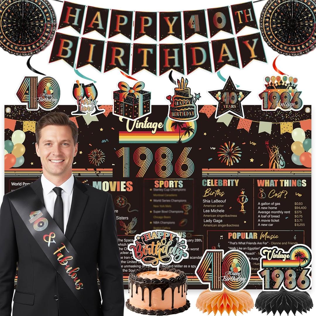 Vintage 40th Birthday Decorations - 14 Pcs Back in 1986 Retro Sunset Party Banner Centerpieces Cake Topper Sash Hanging Swirls Paper Fans Set Cheers Happy Bday Decor Supplies for Men Women