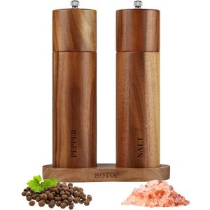 2 Pack Acacia Wood Salt and Pepper Grinder Set with Bases, Refillable Salt and Pepper Mills Adjustable Coarseness, 8 Inches Kitchen Ceramic Core Peppercorn Shaker