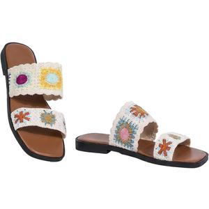 GORGLITTER Women's Boho Floral Crochet Sandal Retro Double Strap Woven Pattern Flat Sandals Vacation Open Toe Trending Shoes (White)