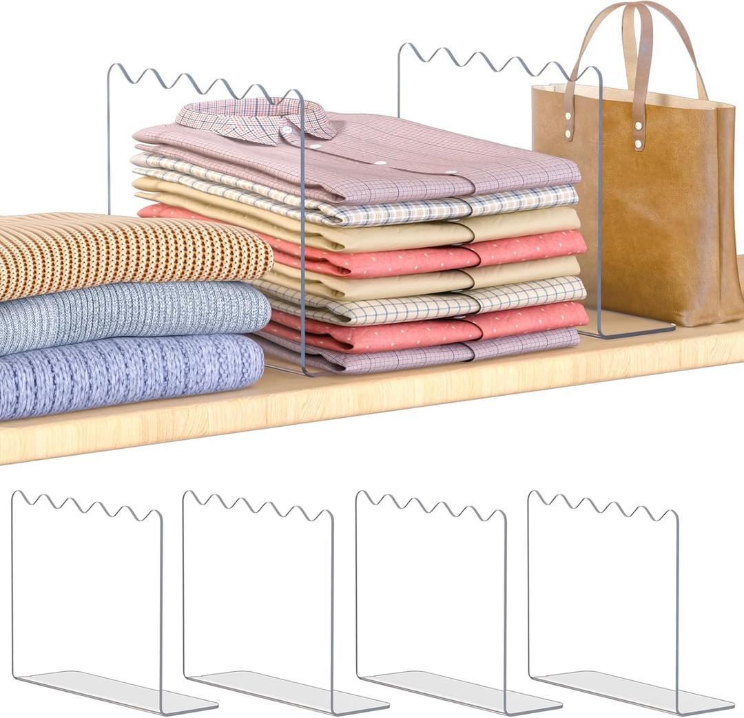 OKPOW Acrylic Shelf Dividers for Closet Organization - 10" Tall X 12" Deep Easy Installation Clothes Purses Organizer - Space-Saving Adjustable & Sturdy Clear Dividers for Wood Cabinet Shelves, 4 Pack