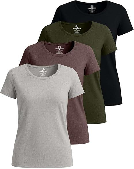 Real Essentials 4 Pack: Women's Cotton Short Sleeve T-Shirt - Casual Scoop Crew Neck Tops Tee
