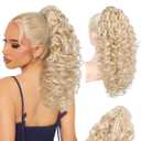 Flufymooz 100％ Pure Protein Ponytail Extension, 18 Inch Curly Claw Clip Ponytail Hair Extensions Natural Soft pony tail hairpiece for women-Light Blonde with White Blonde