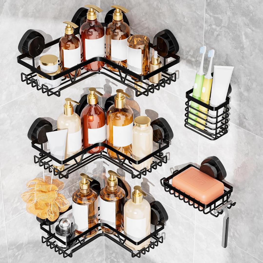KEGII 5 Pack Corner Shower Caddy Suction Cup, Large Capacity Bathroom Organizer with Soap Dish & Toothbrush Holder, No Drilling Stainless Steel Wall Mounted Shower Storage, Black