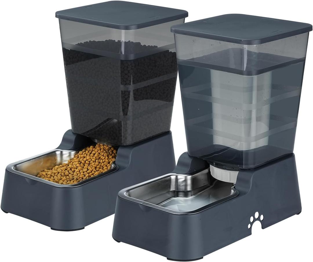 Leefele Automatic 5.4L/1.4Gal Pet Waterer, Automatic Dog Water Dispenser Gravity Stainless Steel Water Feeder, Large Capacity Feeding Bowls for Cats and Medium & LargeSized Dogs (Black, Food+Water)