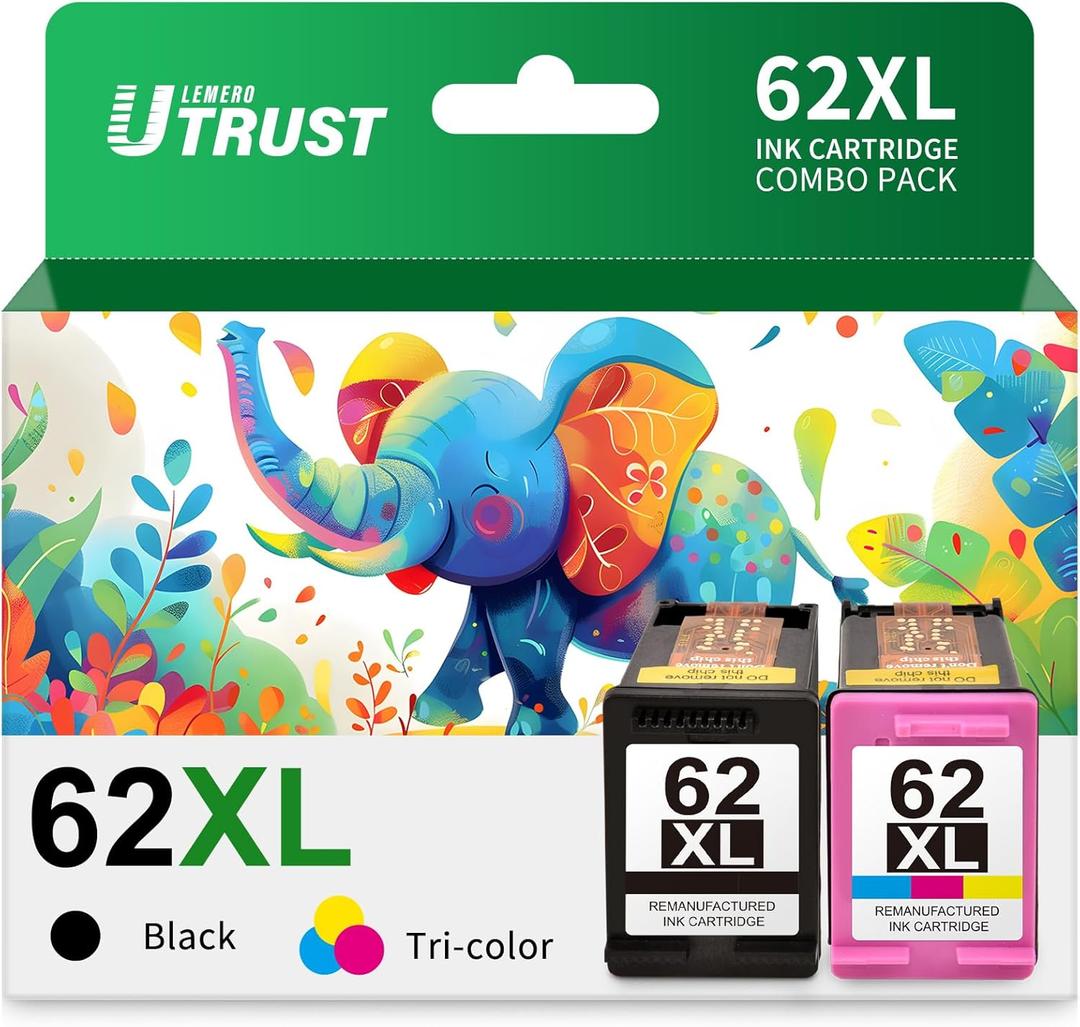 62XL Ink Cartridges Black and Color Replacement for HP Ink 62 62XL Works with HP Envy 7640 5660 7645 5540 OfficeJet Mobile 250 200 OfficeJet 5740 5741 8040 Printer Ink 62 (1 Black, 1 Tri-Color)
