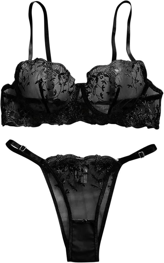 Lilosy Sexy Floral Embroidered Mesh Women Underwire Push Up Lingerie Set (Medium)