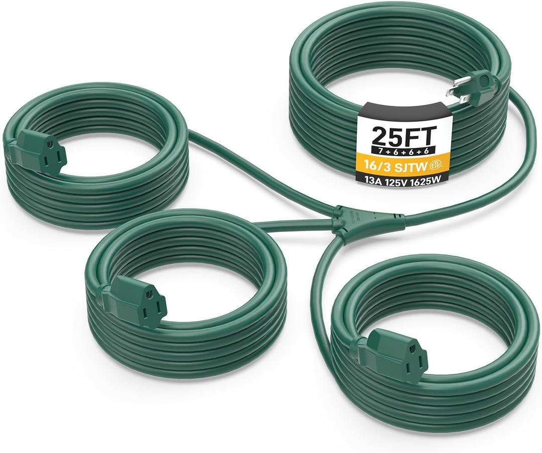 25FT Outdoor Green Extension with Multiple Outlets, Evenly Spaced 3 Outlets, Light Duty 16/3 SJTW Cable with Grounded Plugs, 13AMP 1625W 125V 16AWG, ETL Listed