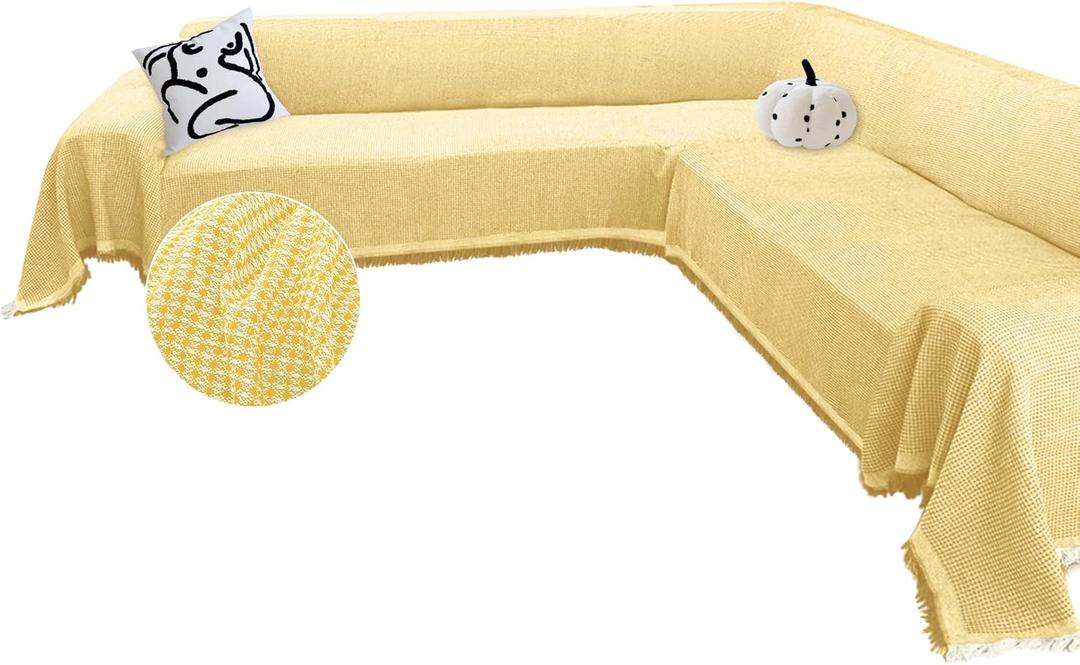 Arfntevss Sectional Couch Covers Waffle L Shape Sofa Cover with Tassel Boho Corner Sectionals Couch Cover Washable U Shaped Sofa Slipcovers Soft Reversible Furniture Protector (Large, Yellow)