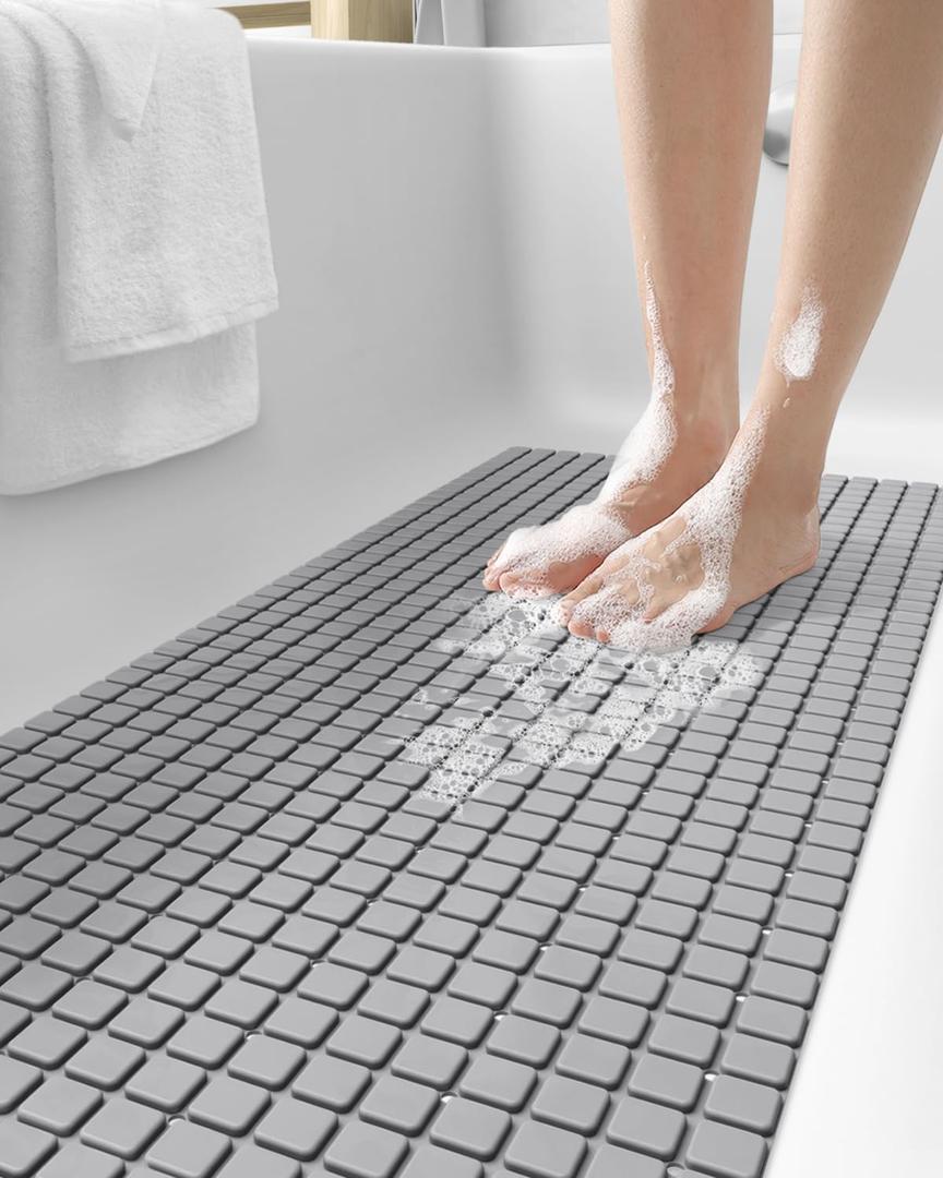 DEXI Bathtub Mat Non Slip, Extra Long 39x16, Suction Cups, Drain Holes, Machine Washable for Tub Shower Floor, Grey