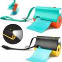 3 in 1 Dog Poop Bags Holder with Built-in LED Flashlight for Leash and Metal Clip for Hanging Used Bags Bi-Color Dog Poop Dispenser with Wristler(2 Holder 30 Bags, Blue&Black)