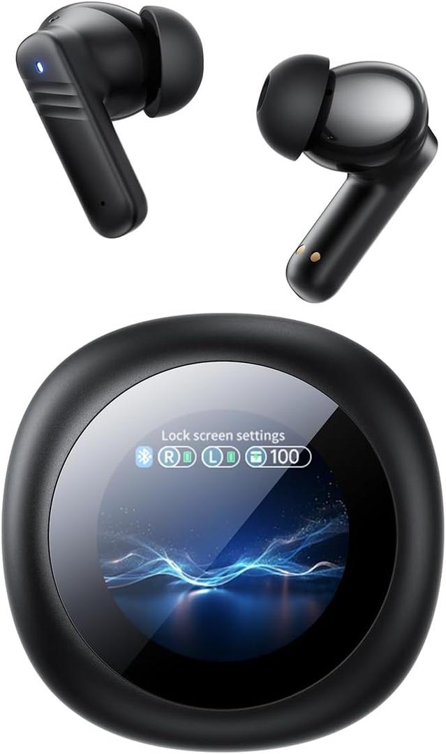 Earbuds with Screen Wireless Ear Buds Bluetooth Headphones with Built-in Mic Extra Comfort IPX5 Waterproof Headset 360 Stereo with Noise Cancellation (Black)