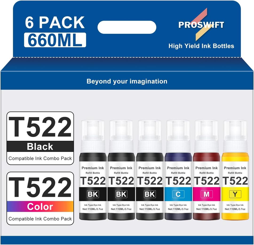 522 High Capacity (6 Bottles) Ink Refill Bottles Combo Pack Replacement for Epson Compatible 522 Ink Use for EcoTank ET-2800 ET-2803 ET-2400 ET-4800 ET-2720 ET-2840 ET-3850 ET-2850 Printer