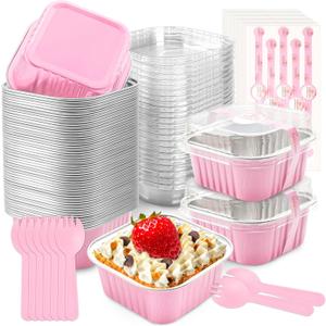 NPLUX 50 Pcs Mini Cake Pans with Lids and Spoons Aluminum Foil Mini Square Baking Cups with Lids Disposable Ramekins Cake Pans Dessert Cups for Wedding Mothers Day Gifts Party Favors(Pink,5oz)