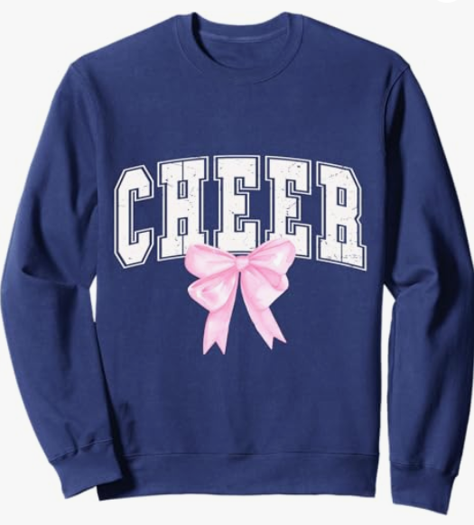 Cheer Coquette Pink Bow Cheerleader Sweatshirt, Navy Blue, XL