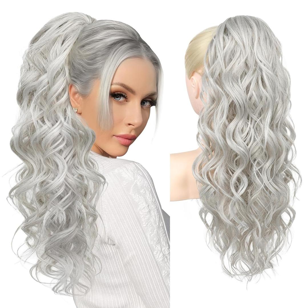 Reecho Ponytail Extension, 24" Claw Clip Ponytail Extension Wavy Ponytails Hair Extensions Jaw Clip on Pony Tails Natural Synthetic Hairpiece for Women Daily, Silver Grey