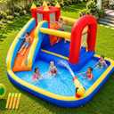 Inflatable Water Slide Bounce House with Splash Pool, Jumping Area, Climbing Wall & Basketball Hoop, Kids Water Slide Bouncer with 450W Air Blower for Backyard Indoor Outdoor Use