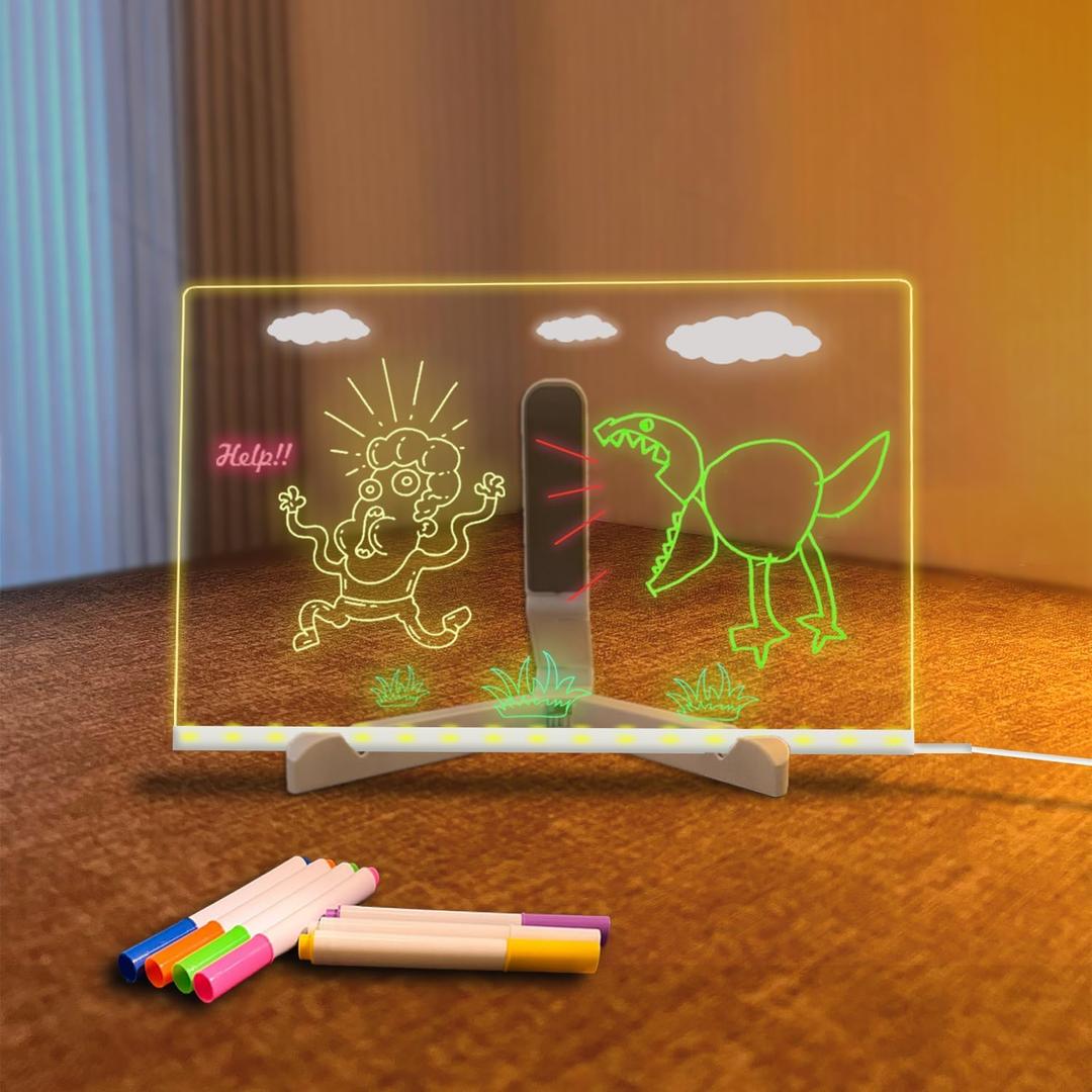 Acrylic Dry Erase Board, 11.8"X7.9" LED Light Source with 7 Colors of Pen and Folding Bracket, Cloth, can be Applied to memo/Plan Board/Graffiti/Shop menu/Night Lights/Christmas Gifts