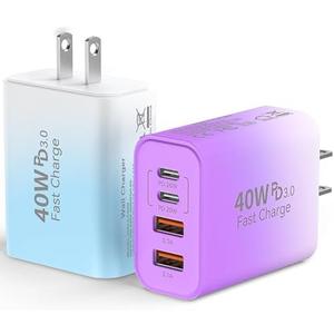 USB C Wall Fast Charger Block, 40W 4-Port Type C Chargers Fast Charging Blocks PD Power Charger Adapter+QC 3.0 USB Multiport Charger Brick for Phone 17/16/15/14/13/12 Pro Max, i-Pad, Galaxy S25-1Pack