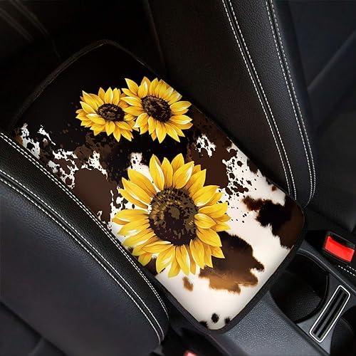 Wanyint Sunflower Cow Print Center Console Armrest Cover Universal fit for SUV Truck Vans Sedans, Armrest Seat Box Cover Protector Pad Lid