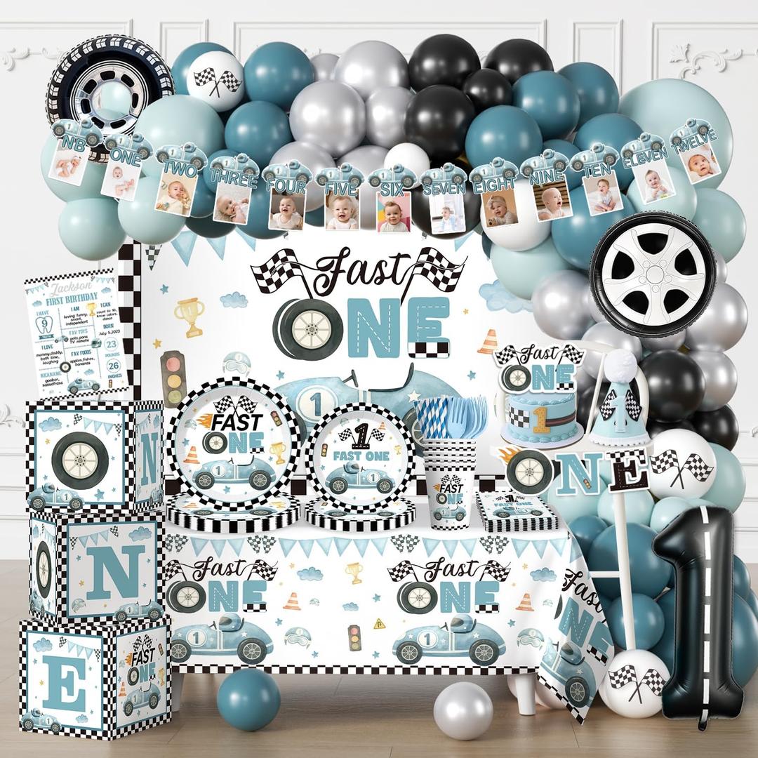 256pcs Fast One Birthday Decorations for Boys, All-in-1 Supplies Pack with 20pcs Vintage Race Car and Car Themed Plates, Napkins, 2pcs Tablecloth for Fast One Birthday Decorations