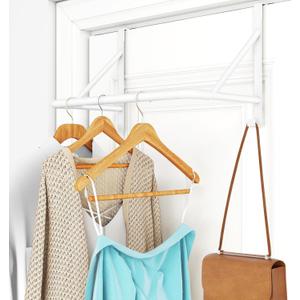 Over The Door Hanger for Clothes, Stainless Door Hangers for Clothing, Over The Door Clothes Drying Rack for laundry, Over Door Hanger Organizer with 2 Hooks for Hanging Towels & Coats, White
