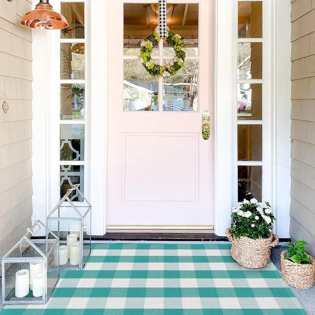 Spring Green & White Plaid Rug - 3' x 5' Outdoor Front Door Decor Mat Cotton Washable Hand-Woven Rug Christmas New Year Holiday Porch Entryway Layered Doormat