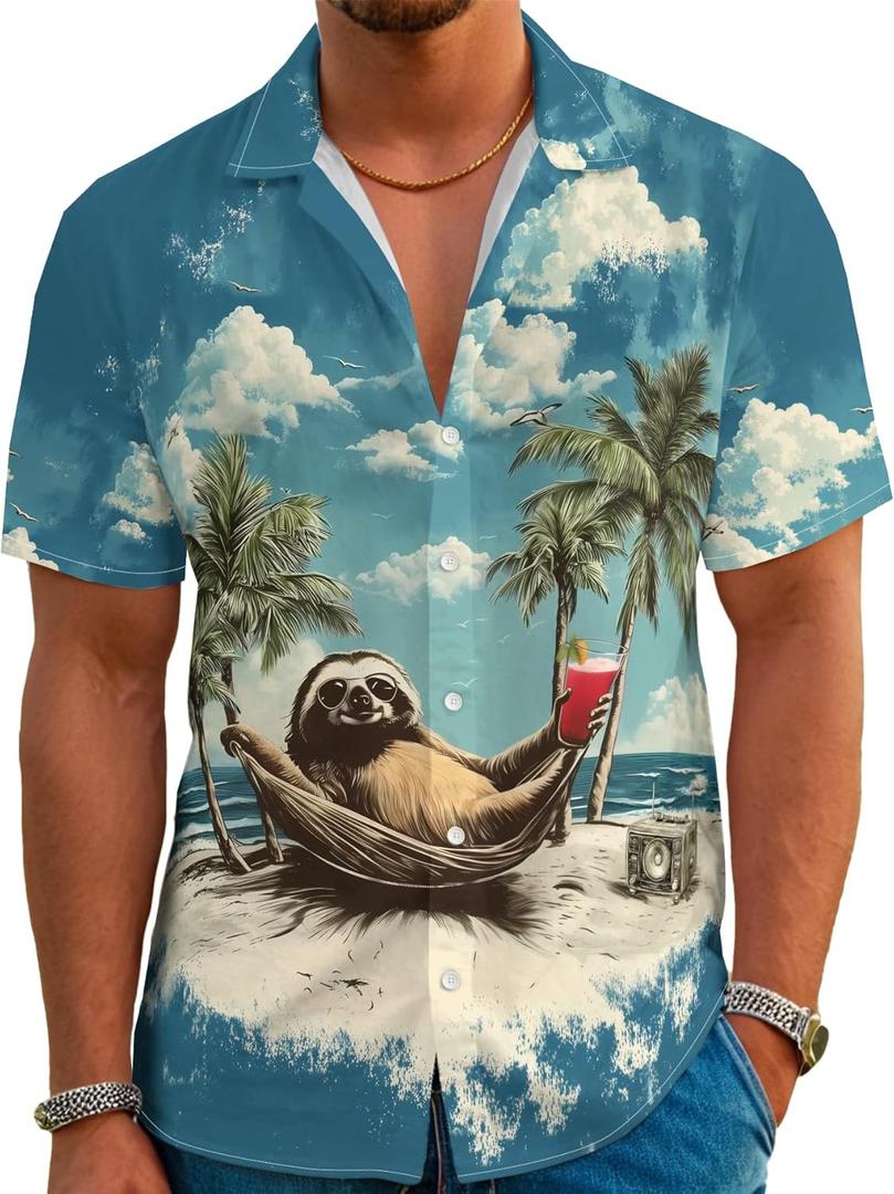 Mens Funny Neon Hawaiian Shirts 3D Graphic Button Down Short Sleeve Shirt Summer Beach Aloha Tops Theme Party (3X-Large, Sloth)