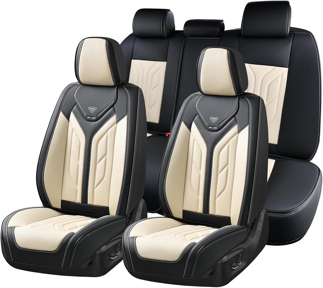 Coverado Seat Covers, Car Seat Covers Full Set, Leather Seat Covers for Cars, Automotive Seat Covers Car Seat Protector Car Accessories Fit for Most Sedans SUV Pick-up Truck(Black&Beige)