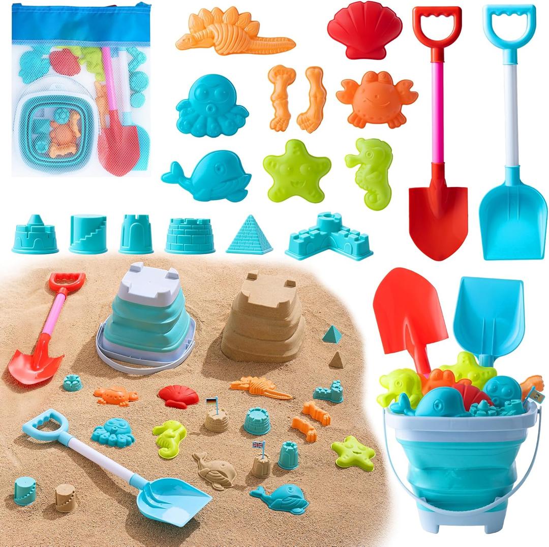 Beach Toys for Kids - Sand Toys Set Includes Collapsible Bucket Shovel and Mesh Bag 19 PCS, Toddlers Sandbox Toys Sandcastle Building Kit (Kids Beach Toy Set)