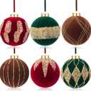 Liliful 6 Pcs Large Beige Brown Green Velvet Christmas Ball Ornaments 4 Inch Flocked Glitter Christmas Ornaments Sequin Elegance Shatterproof Modern Hanging Decoration for Xmas Tree Mantle Home Decor