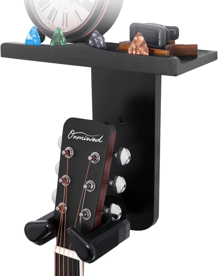 Guitar Wall Mount, Auto Lock Guitar Hanger, Black Wood Guitar Wall Hangers Shelf with Pick Holder, Guitar Holder Wall Mount for Acoustic, Electric Guitar, Ukulele, Bass, Mandolin