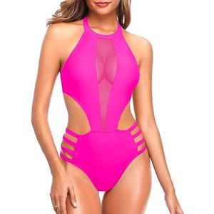 Tempt Me Women One Piece Sexy Mesh Swimsuit High Neck Halter Cutout Monokini Swimwear, M Size, Pink Tempt Me Women One Piece Sexy Mesh Swimsuit High Neck Halter Cutout Monokini Swimwear, M Size, Pink