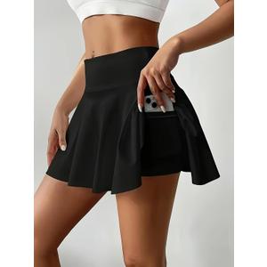 Women's High-Waisted Tummy Control Skort - Flowy Ruffled Skirt with Built-in Shorts (Black) S