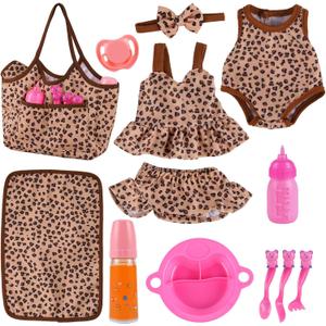 BABESIDE 13Pcs Baby Doll Clothes and Accessories for 10-12 inch Dolls, Baby Doll Feeding and Care Set with Carry Bag, Bottles, Tableware, Baby Doll Outfit for Newborn Doll Girl (Leopard Pattern)