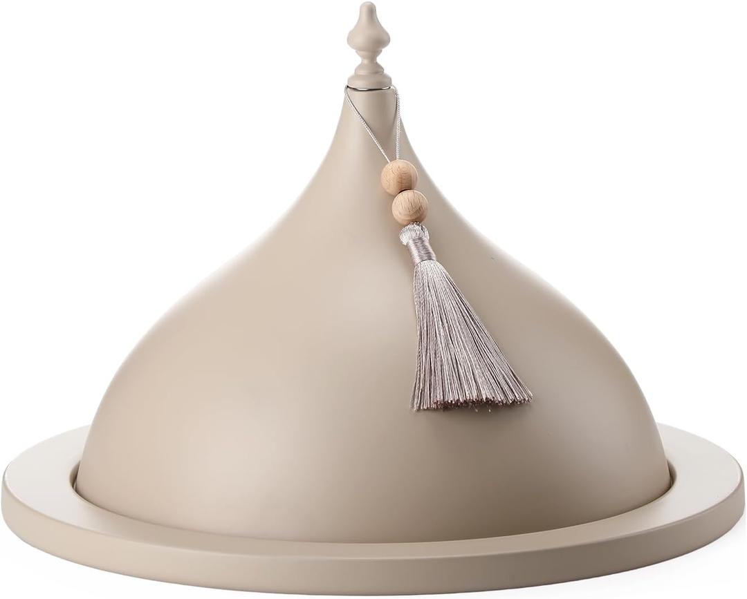 Qinyoung Decorative Ramadan Dates Cover, 12 Inch Taupe Metal Serving Dome Cloche Cover with Silver Tassel for Dates, Eid Serving Platter, Elegant Iftar and Suhoor Table Centerpiece